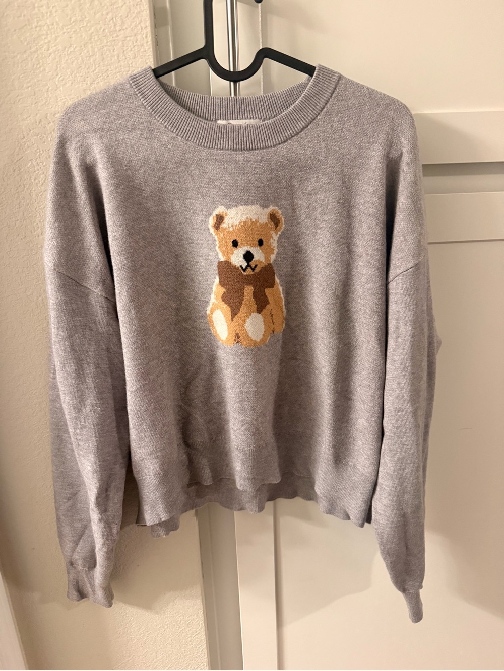 Light Gray Teddy Bear Crewneck Sweater - Women's